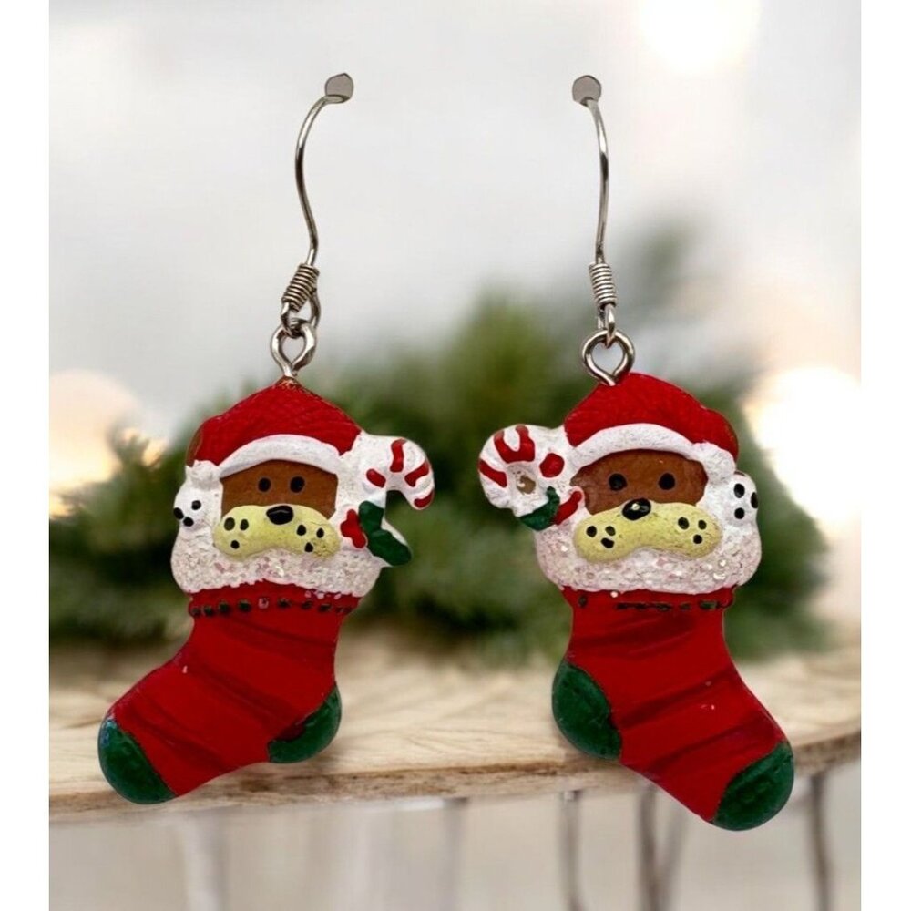 Santa Bear Christmas Stocking Earrings Dangle Red with Glitter Accents